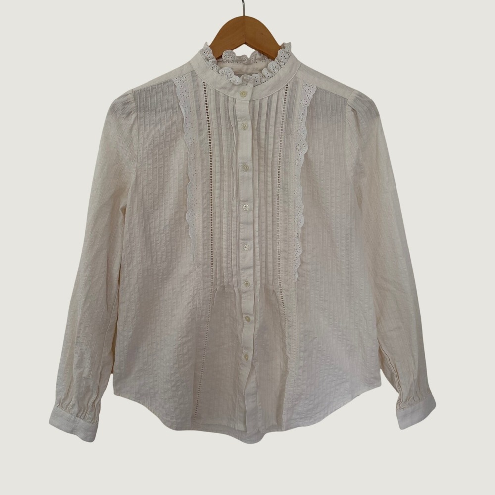 LOFT Ivory Cotton Eyelet Trim Pintuck Pleat Blouse Size M Button Up Top
